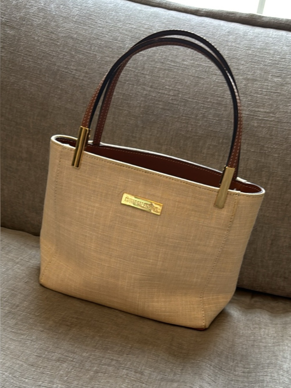 Beige Tote with Brown Leather Handles and Gold Hardware